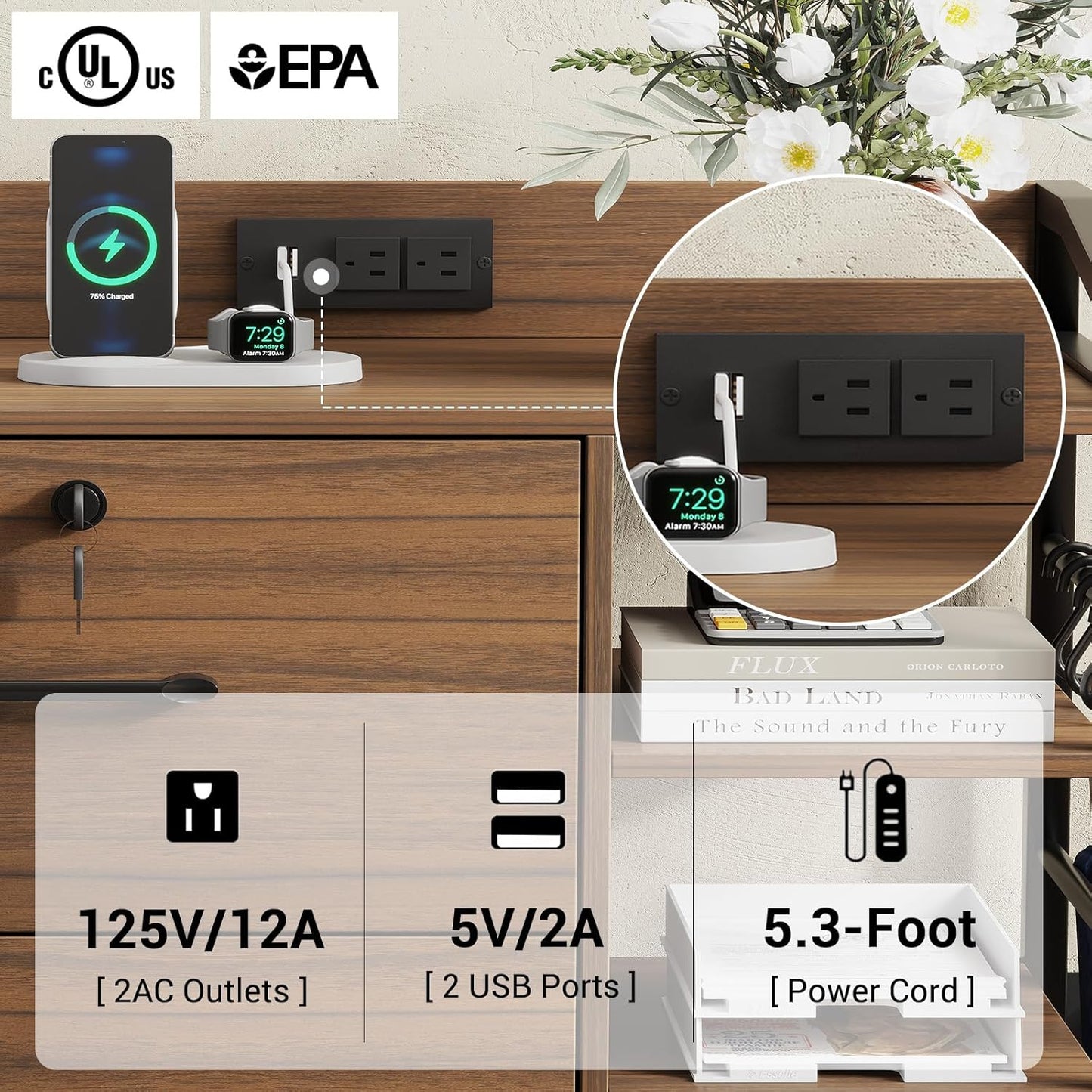 SEDETA 44" File Cabinet, Filing Cabinet fits Legal/Letter Size, 2 Drawer File Cabinets for Home Office with Lock, Power Strip, 6 Storage Shelves, Walnut Brown