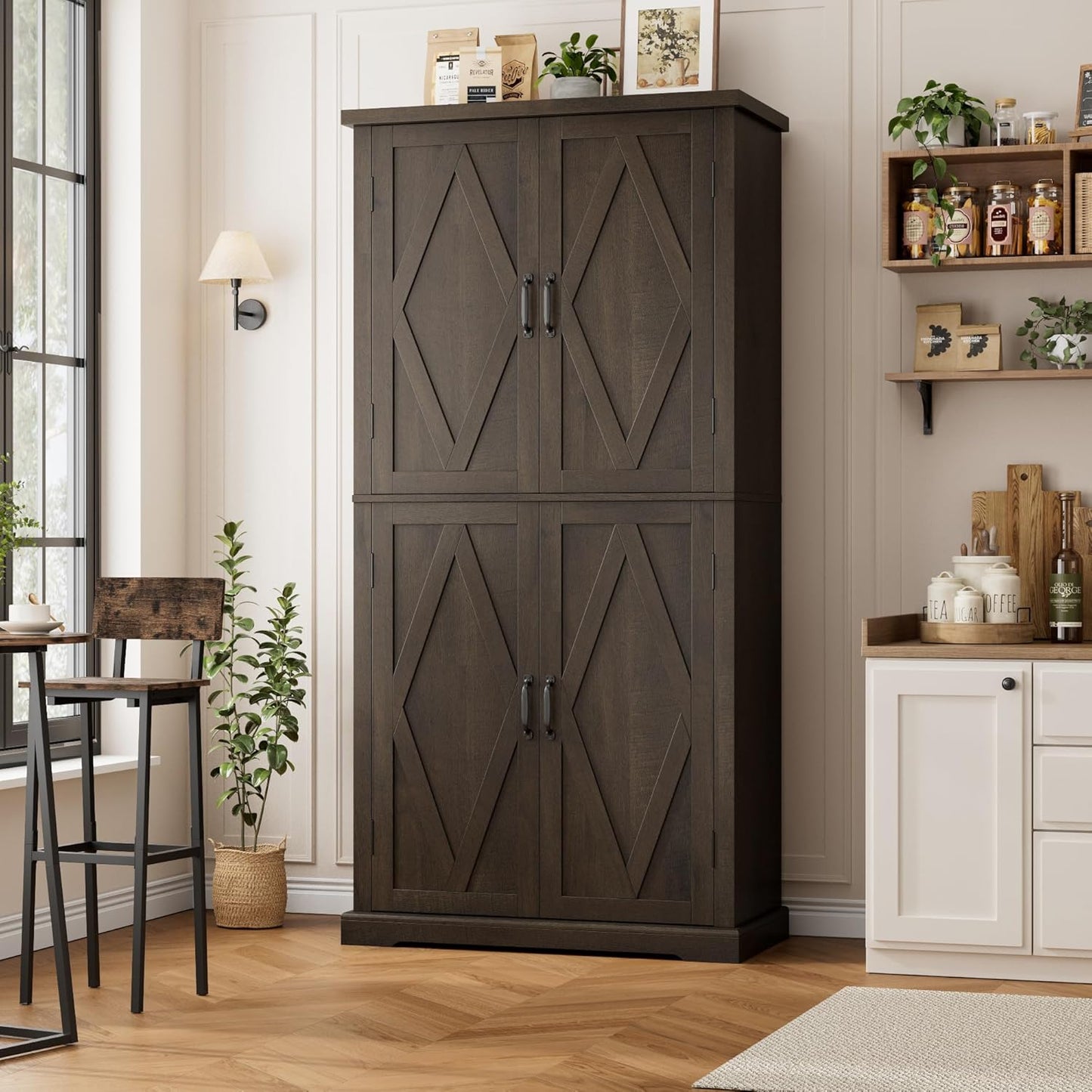 HOSTACK 64" Tall Pantry Cabinet, Modern Farmhouse Kitchen Pantry, Wood Bathroom Storage Cabinet, Large Bookcase, 4 Doors|Adjustable Shelves, for Dining Room, Living Room, Home Office, Dark Brown