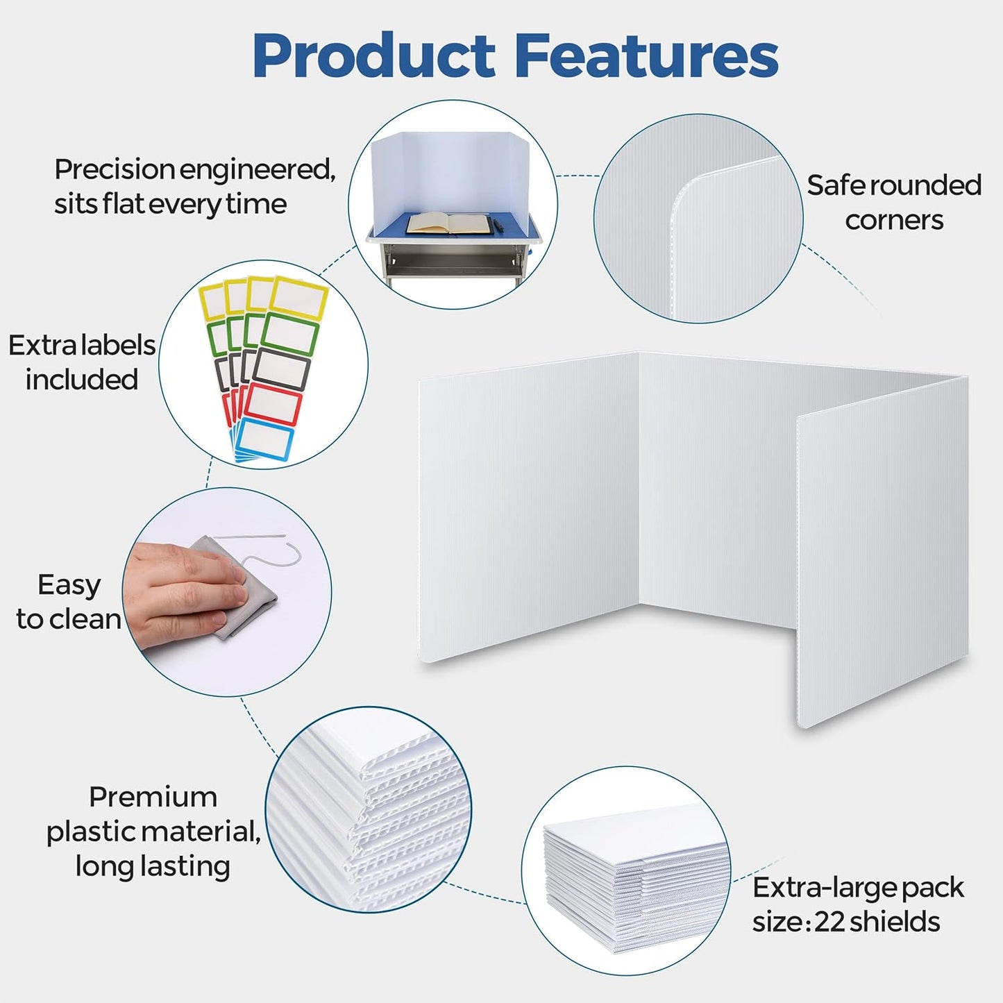 22 Pack Classroom Privacy Shields for Student Desks - Easy to Clean Plastic Sneeze Guard Folder Desk Divider Study Carrel - Classroom Materials for School Teachers - Includes Extra Labels