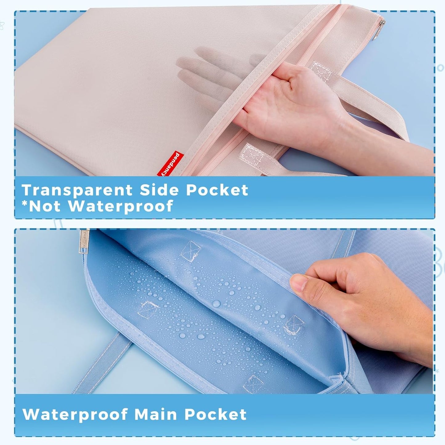Pendancy Mesh Zipper Pouch A4 Size, Large Double Pocket Waterproof File Bag with Handle, 11x13.8 in Foldable Document Storage for Puzzle Project/Cross Stitch/Travel/Office（Advanced Blue）