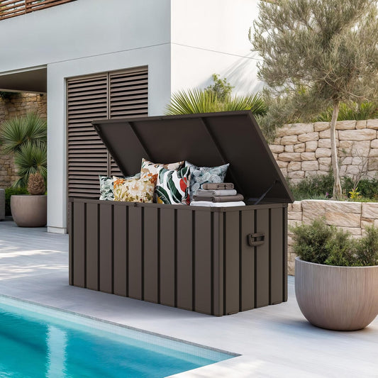 PURPLE LEAF Outdoor Deck Box 100 Gallon Waterproof Lockable Storage Box Container with Lid Deck Organization for Patio Cushions Side Table Pool Accessories Garden Tools, Brown