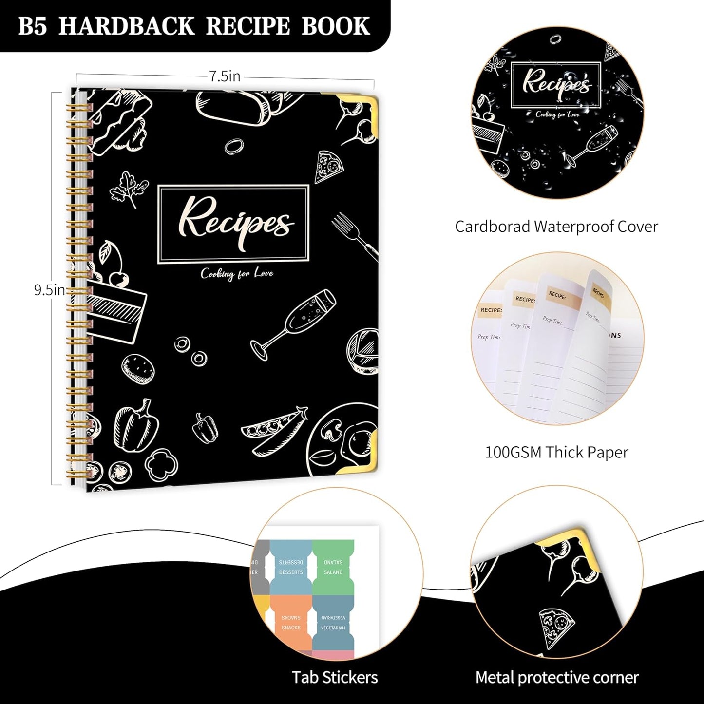 GOLDPEI Blank Recipe Book to Write in Your Own Recipes, Blank Cookbook with 175 Pages for Family Cooking Lover, Recipe Notebook with Tab Sticker Sheets, Recipe Journal, Hardcover, 7.5" x 9.5"