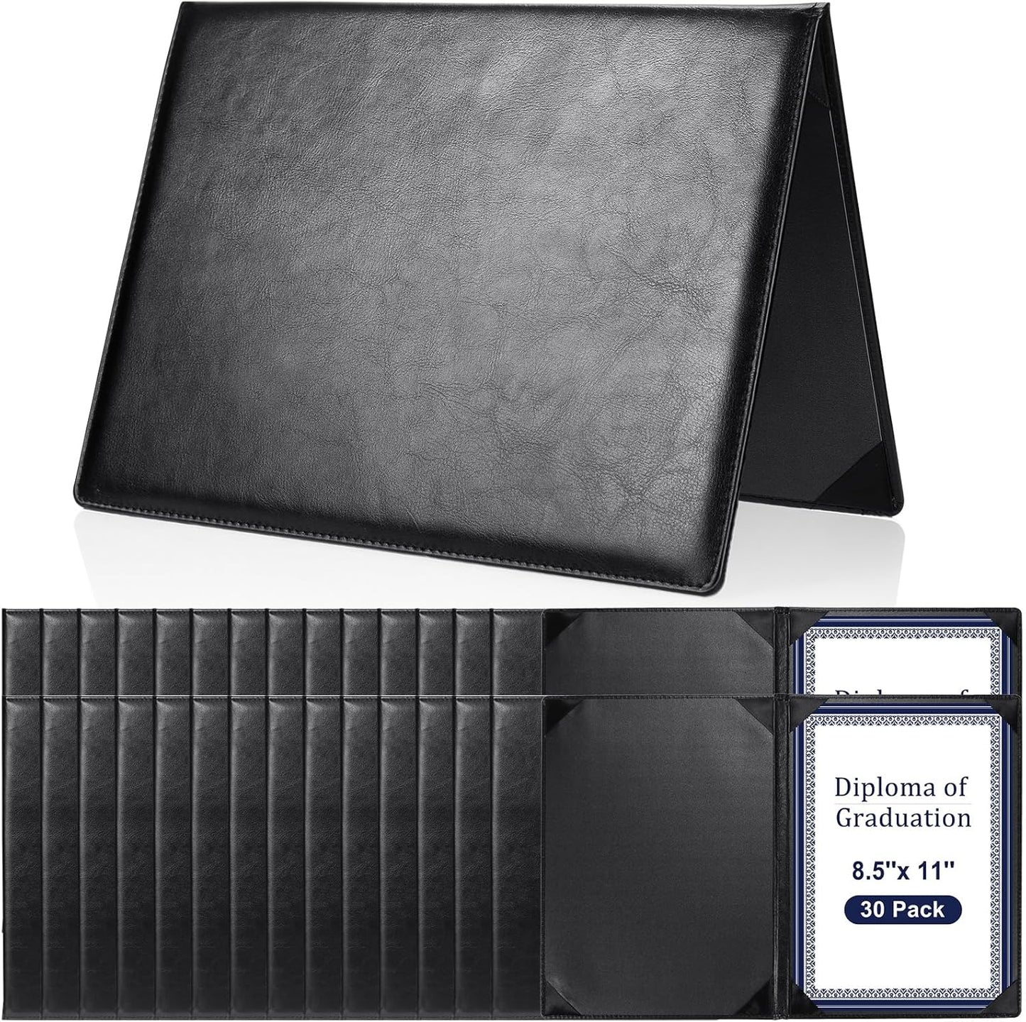 Tenare 30 Pcs Leather Certificate Holder 8.5 x 11 Inch PU Black Red Blue Purple Phd Bachelor Master Diploma Cover Professional Award Folder for Official Graduation Competition Contest Charity (Black)