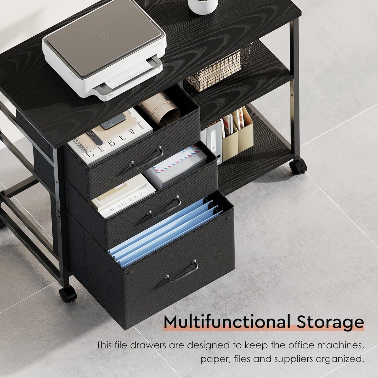 3 Drawer File Cabinet with Wheels Rolling Printer Stand with Open Storage Shelf Fabric Lateral Filing Cabinet for Home Office,Black