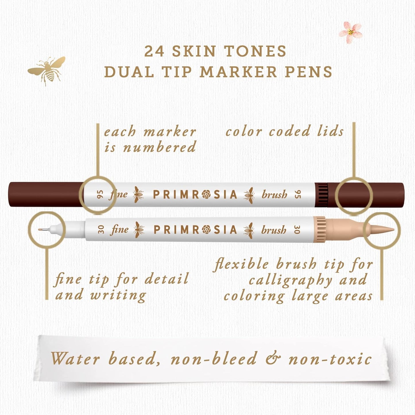 Primrosia 24 Skin Tones Dual Tip Marker Pens, Hair and Portrait Watercolor Sketch Set – Fine and Brush Ends, Art Supplies for Coloring, Sketching and Drawing