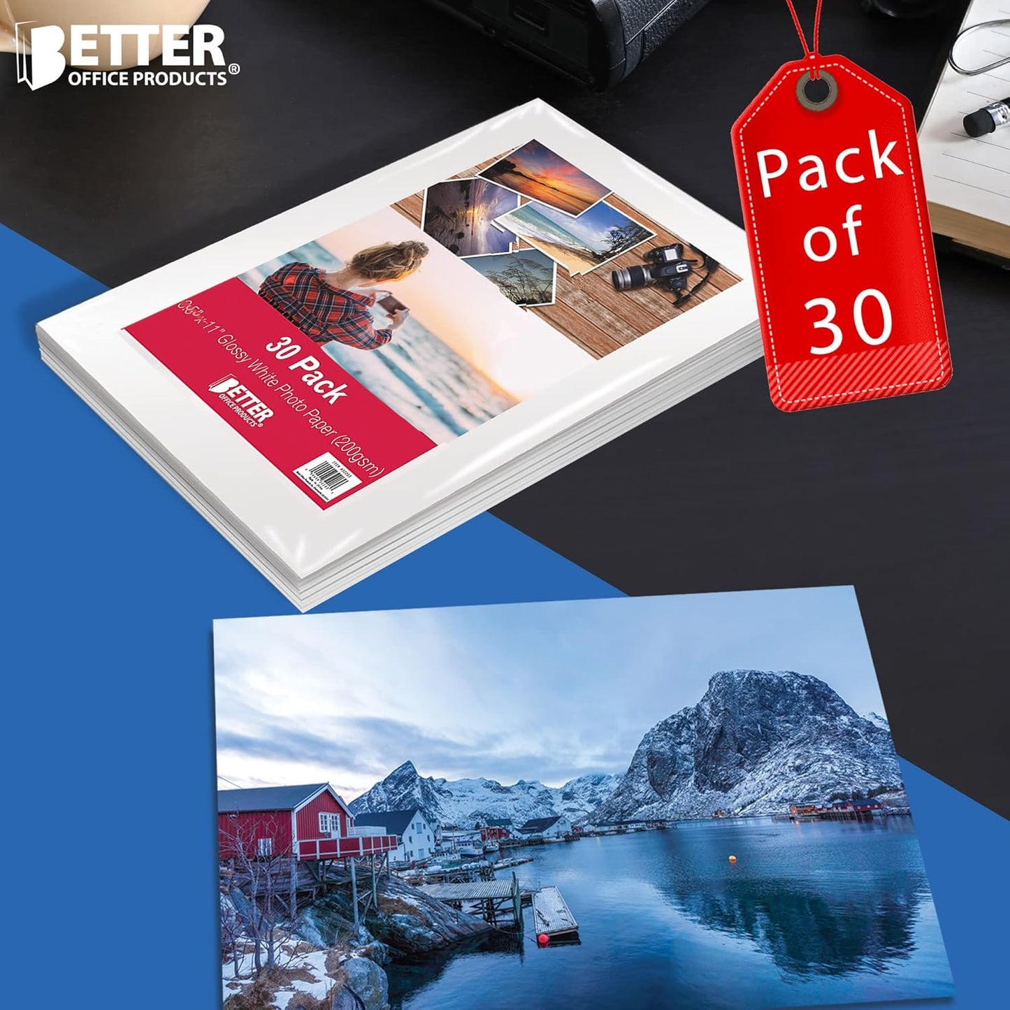 Better Office Products Glossy Photo Paper, 8.5 x 11 Inch, 30 Sheets, 200 gsm, Letter Size, 30-Count Pack