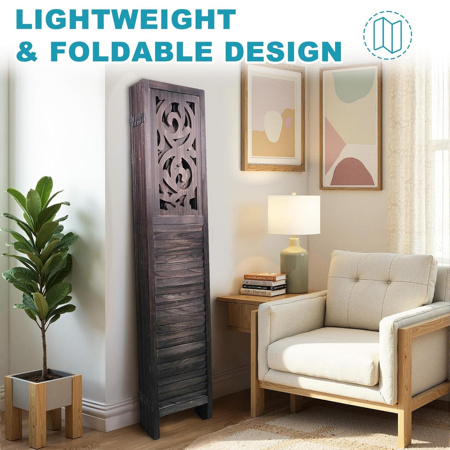 8 Panel Room Divider, 5.6FT Folding Carved Room Divider Screen, Free Assembled Freestanding Partition for Home Office Bedroom, Brown