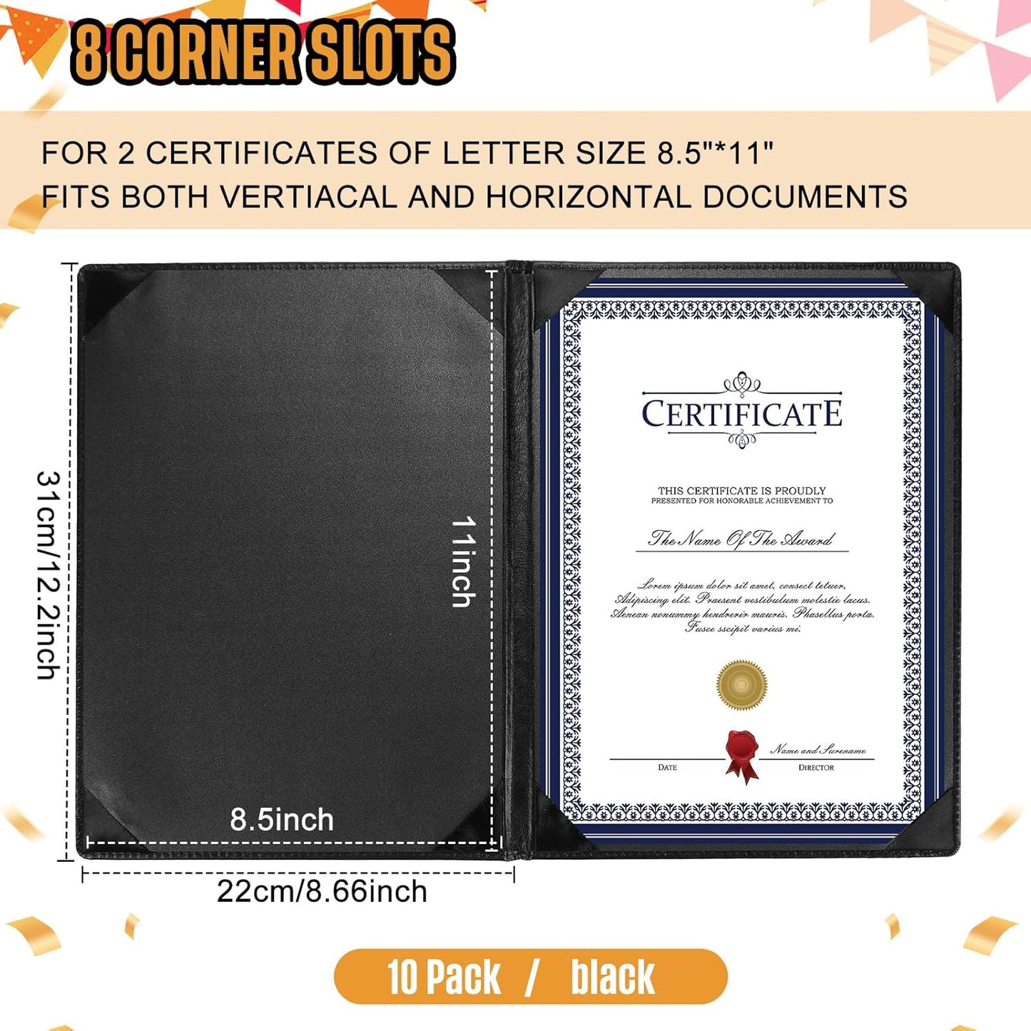 Tenare 10 Pcs Leather Certificate Holder 8.5 x 11 Inch PU Black Red Blue Purple Phd Bachelor Master Diploma Cover Professional Award Folder for Official Graduation Competition Contest Charity (Black)