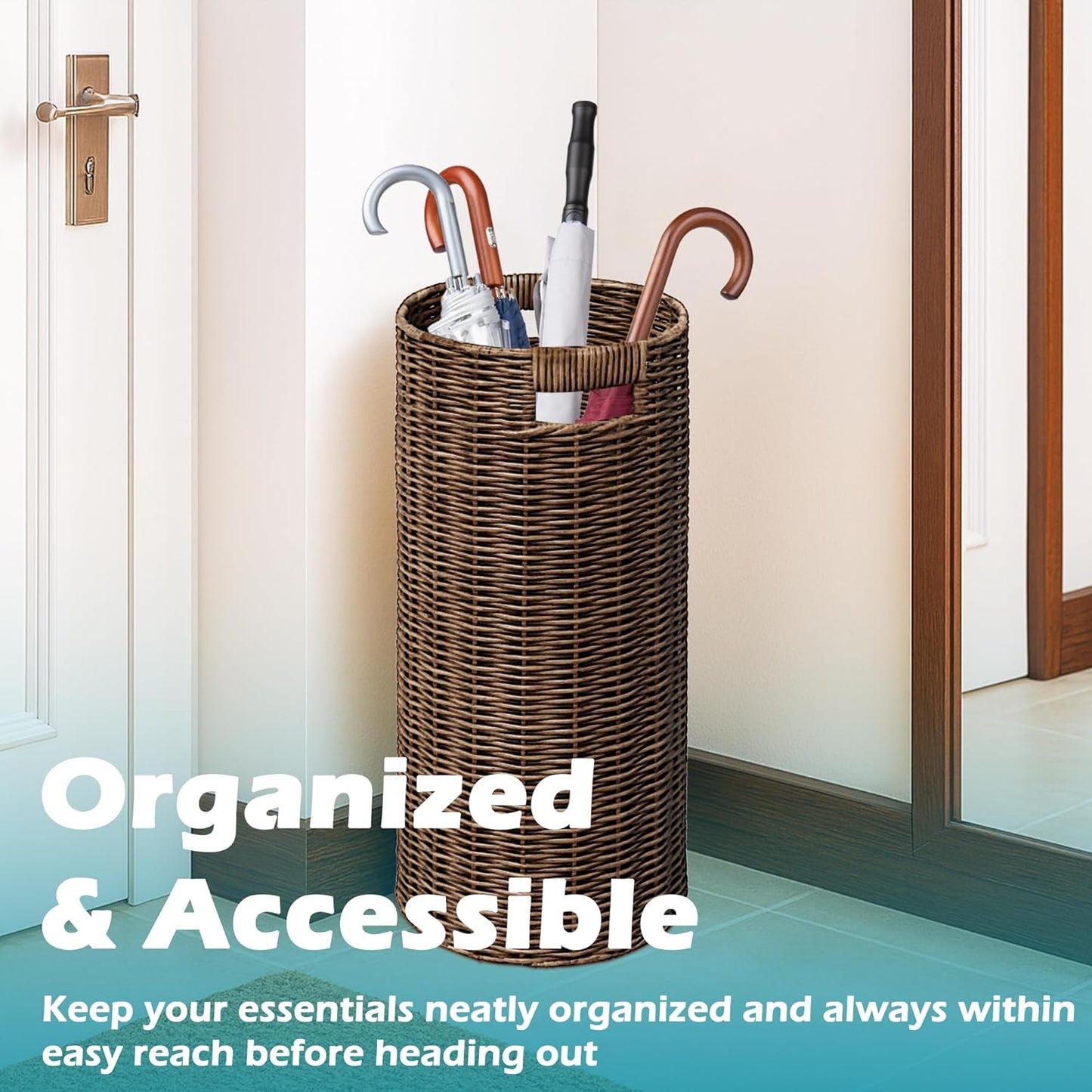 Rattan Umbrella Holder 20.8" H X 10" D,Handmade Wicker Umbrella Stand Indoor with Dip Tray,Sturdy Umbrella Holders for Entryway,Umbrella Bucket Fits Mudroom,Walking Canes,Home,Office (Brown)