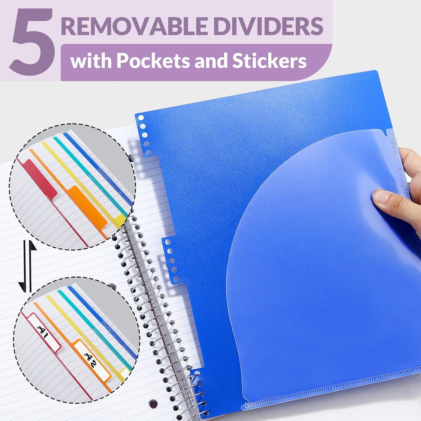 SUNEE 5 Subject Notebook College Ruled - 400 Pages, 9"x11", 5 Pocket Colored Dividers, 3-Hole Punched Paper, Purple