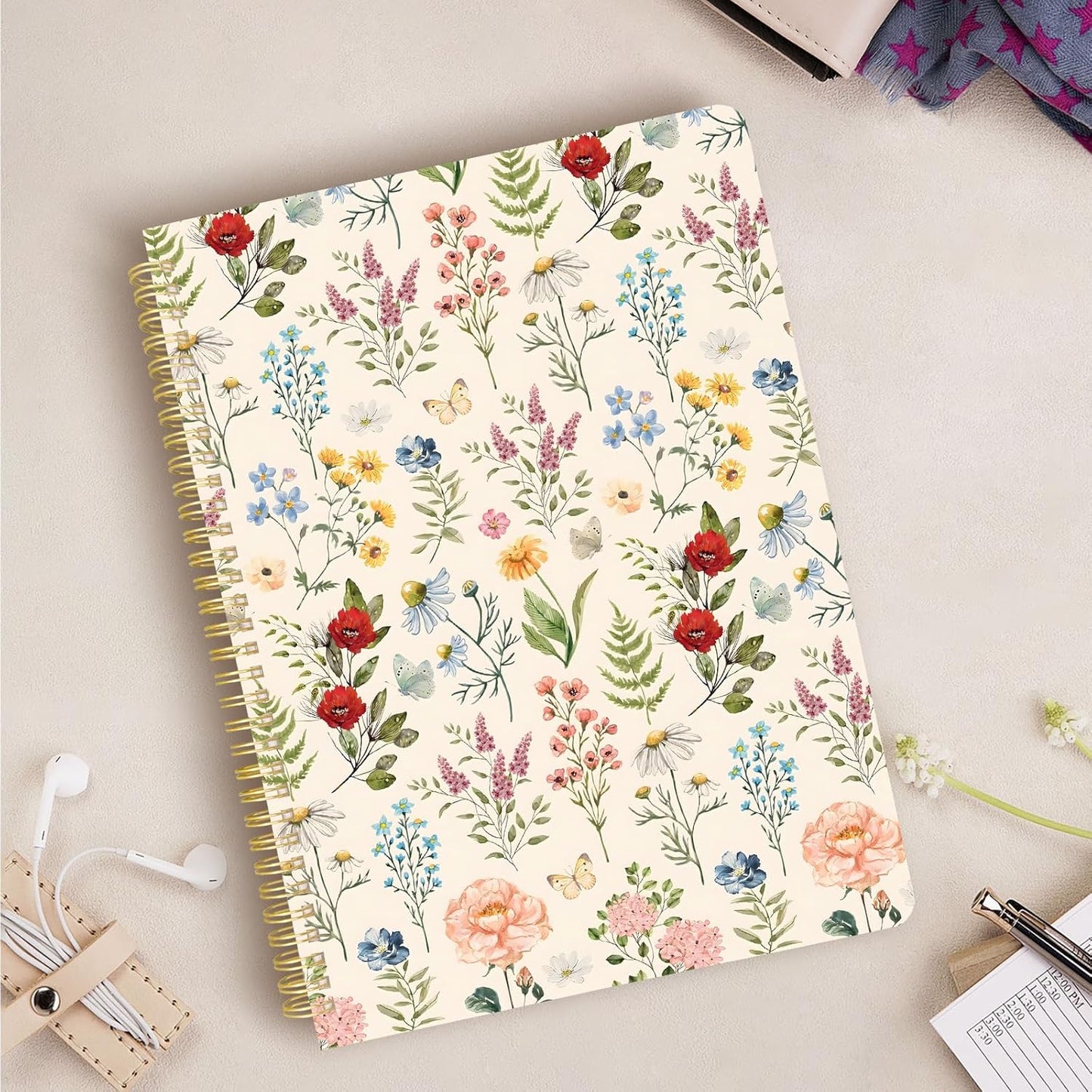Cute Spiral Notebook journal A4 Aesthetic Pretty Design for Women Girls Kawaii with Pocket, 11.5 x 8.5 inch, Lined, Vintage Flower