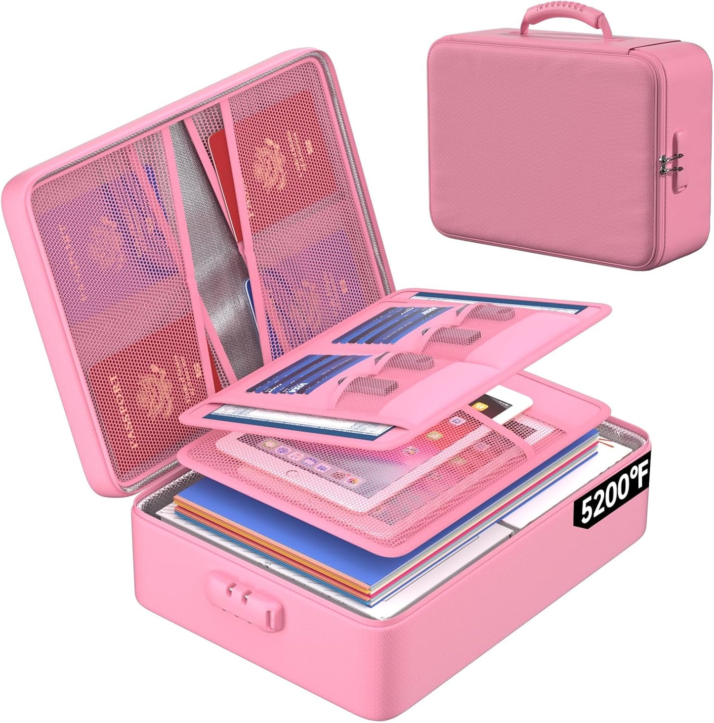 ENGPOW 5200°F Fireproof Document Bag with Lock, Upgraded Heat Insulated Fireproof＆Waterproof Box 8 Layers Document Organizer, Portable Home Travel Safe Storage Box for Important Files, Laptop, Pink