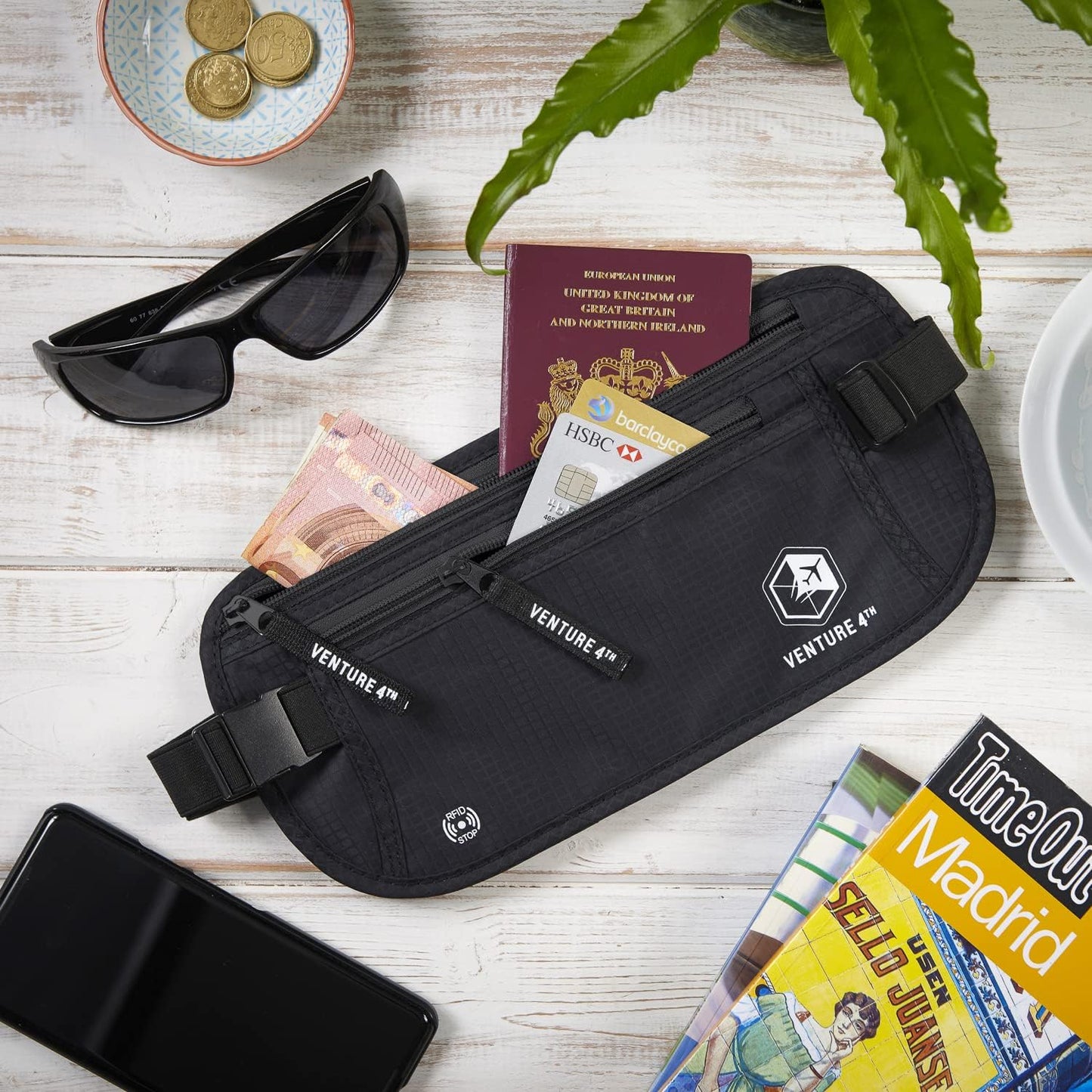VENTURE 4TH Travel Money Belt - Slim Passport Holder RFID Blocking Travel Pouch to Protect Cash, Credit Cards and Travel Documents (Pure Black)