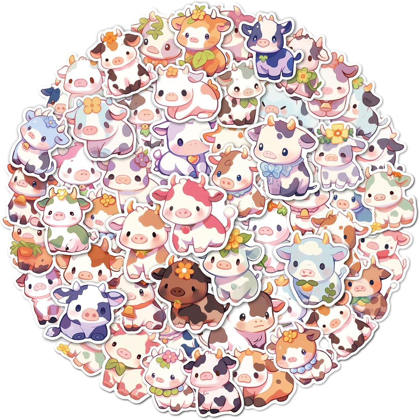 Aowplc Cute Cow Stickers | 50 Pcs Kawaii Rainbow Cow Stickers | Waterproof Vinyl Decals for Water Bottles Laptops