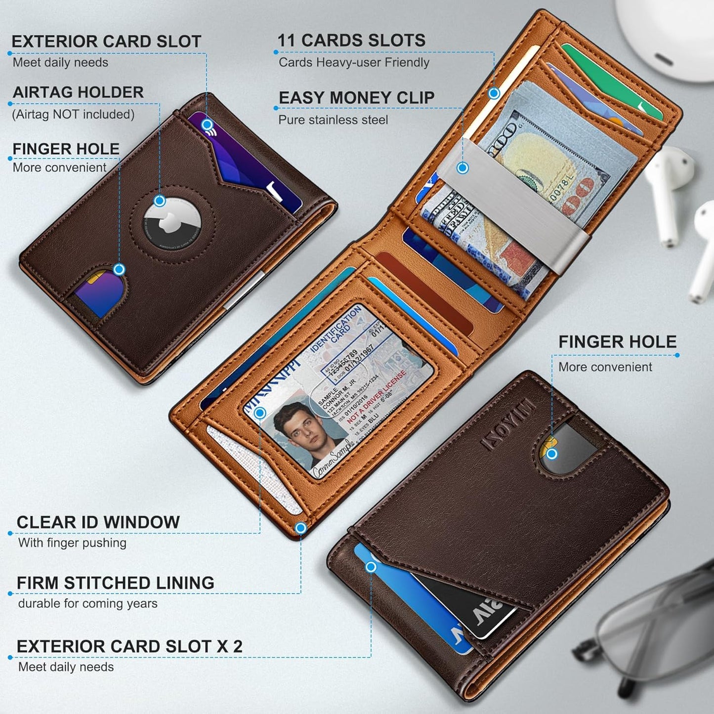 Airtag Wallet for Men,with Money Clip 11 Cards Slim Front Pocket Leather RFID Blocking Wallet with Gift Box