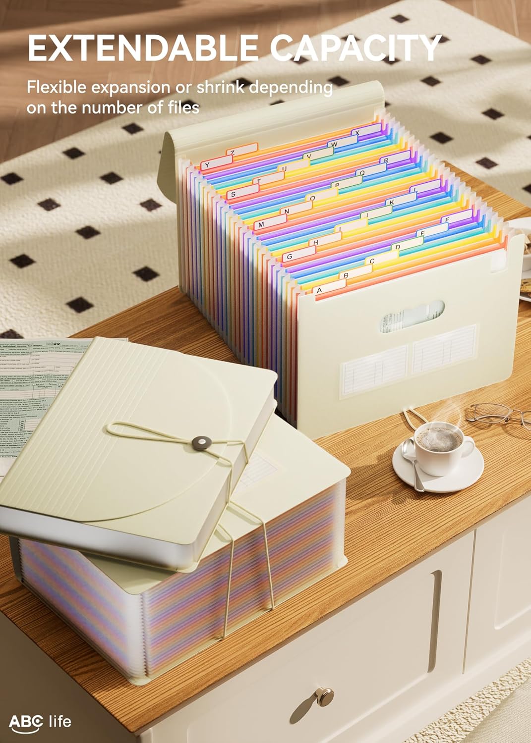 ABC life 26 Pockets Accordian File Organizer Expanding File Folders, Portable Letter A4 Size Filing Box,Plastic Monthly Receipt Document Organizer with Colored Tabs (Beige Color)