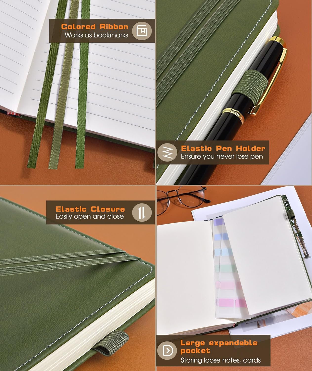 Lined Journal Notebook for Women Men, 256 Numbered Pages Hardcover Leather Journals for Writing, A5 Journaling Notebooks, College Ruled Journal for Business Work School 5.75" x 8.38" Olive Green