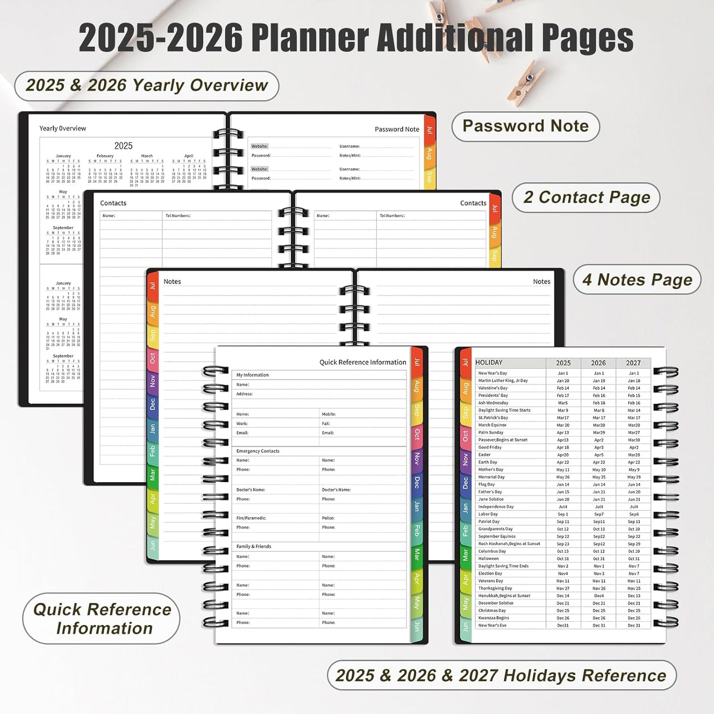 Daily Planner 2025-2026, 18 Month Planner with Tabs, July 2025 - December 2026 Weekly and Monthly Academic Year Calendar Spiral Time Management, 100GSM Thick Paper, Twin-Wire Binding, A5 Size, Black