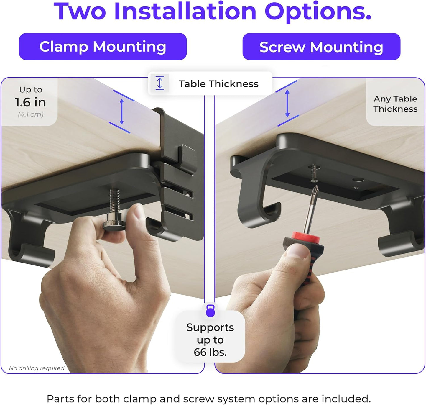 Original No Drill Under Desk Cable Management Tray 53.9" - Premium Black Fabric Cable Management Under Desk - Clamp/Screw Mount Cord Organizer - Supports Upto 66lbs - Extra Large