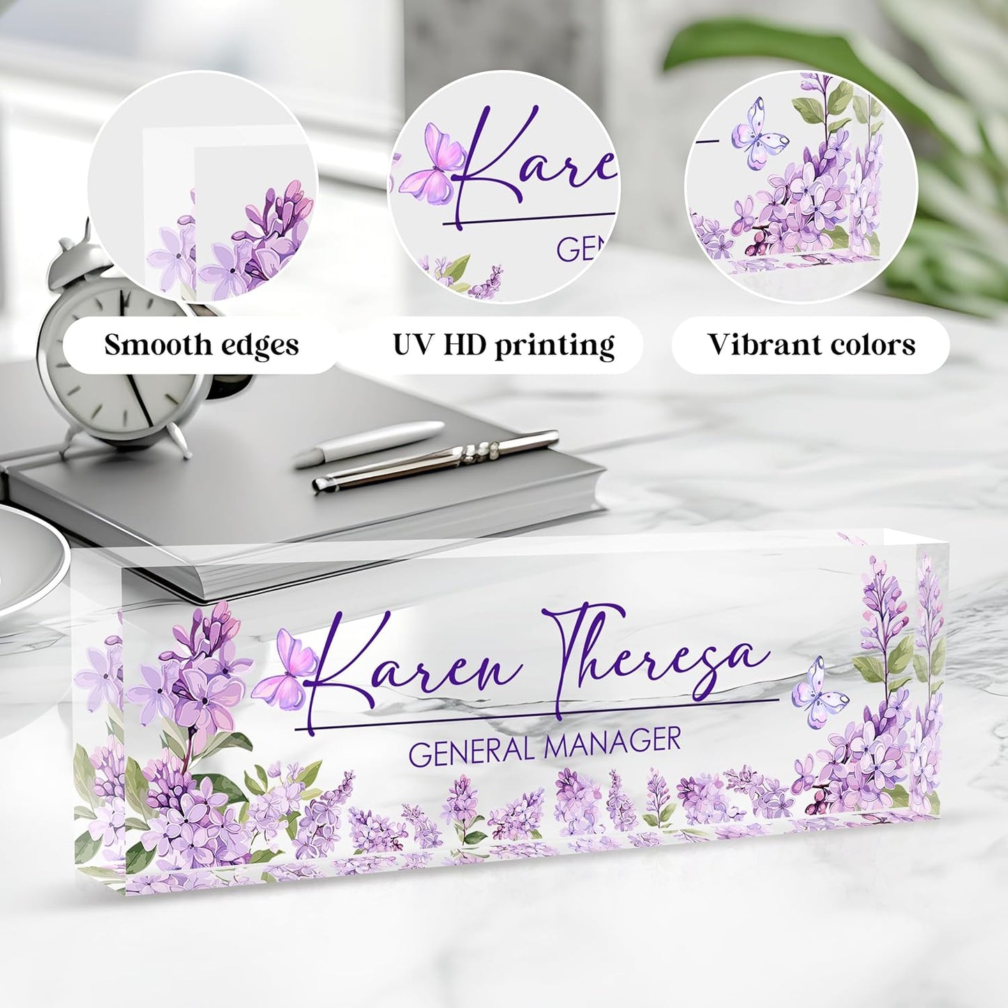 Custom Office Name Plate for Desk, Desk Name Plate Personalized, Personalized Gifts for Women, Appreciation Gifts for Employee Coworkers Boss Teacher, Office Accessories (Purple lilac flower)