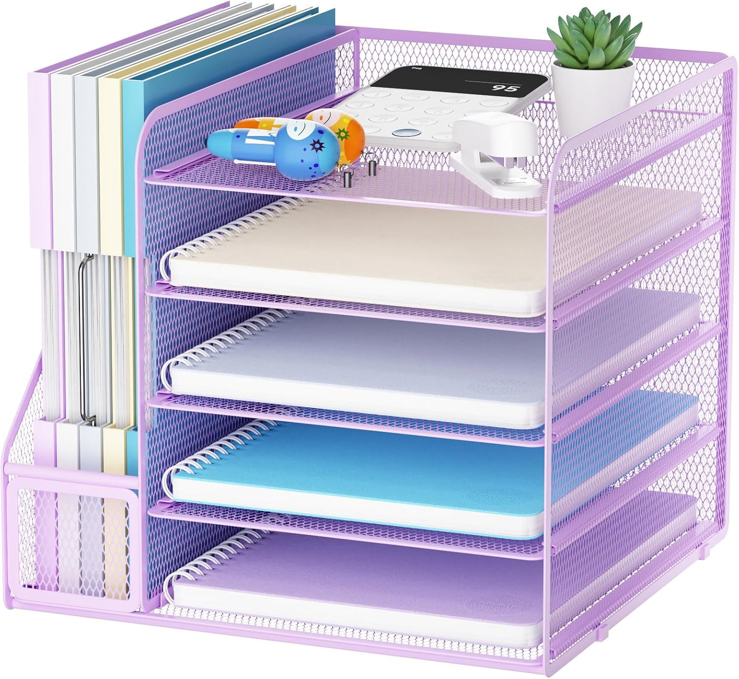 Marbrasse Desk Organizers and Accessories, 5-Tier Paper Letter Tray Organizer with File Holder, Mesh File Organizer, Office Desk Accessories & Organization for Supplies (Purple)