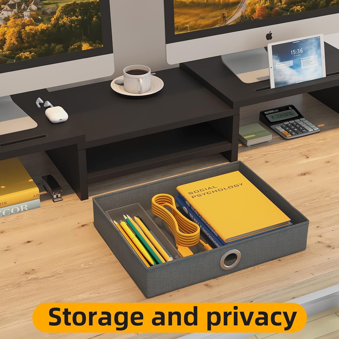 WESTREE Dual Monitor Stand Riser with Drawer, Adjustable Length and Angle Monitor 2 Solts for Phone & Tablet, Desktop Organizer Stand for Computer/Laptop/PC/Printer