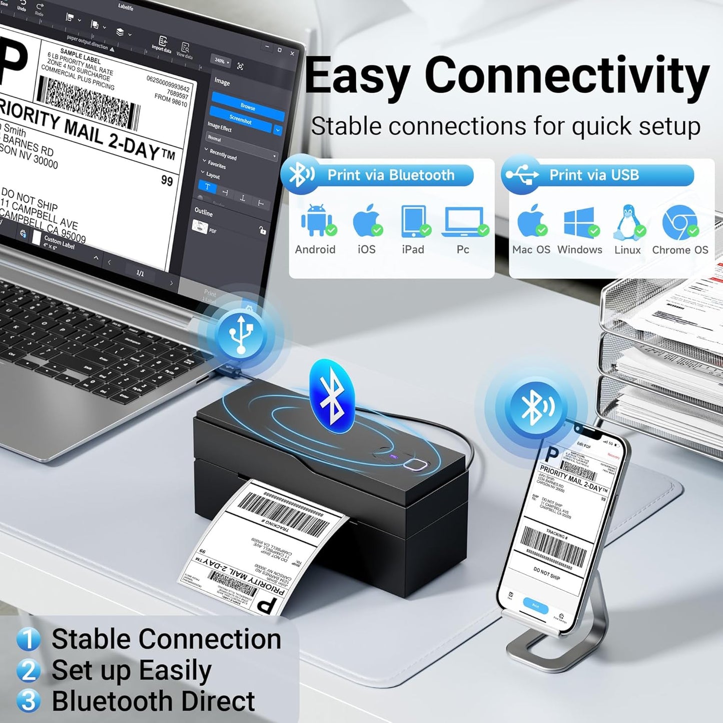 Bluetooth Thermal Shipping Label Printer – Wireless 4x6 Shipping Label Printer for Small Business & Shipping Packages, Support Android, iPhone and Windows, Widely Used for Amazon, Ebay, Shopify, Etsy