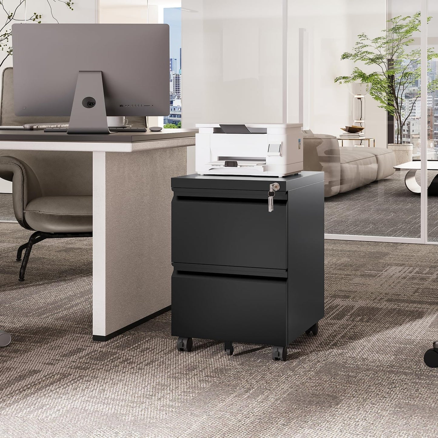 2 Drawers Vertical File Cabinet - Fully Assembled Black Under Desk Mobile Filling Cabinet Small Lockable Home Office File Cabinets for A4/Letter/Legal Size