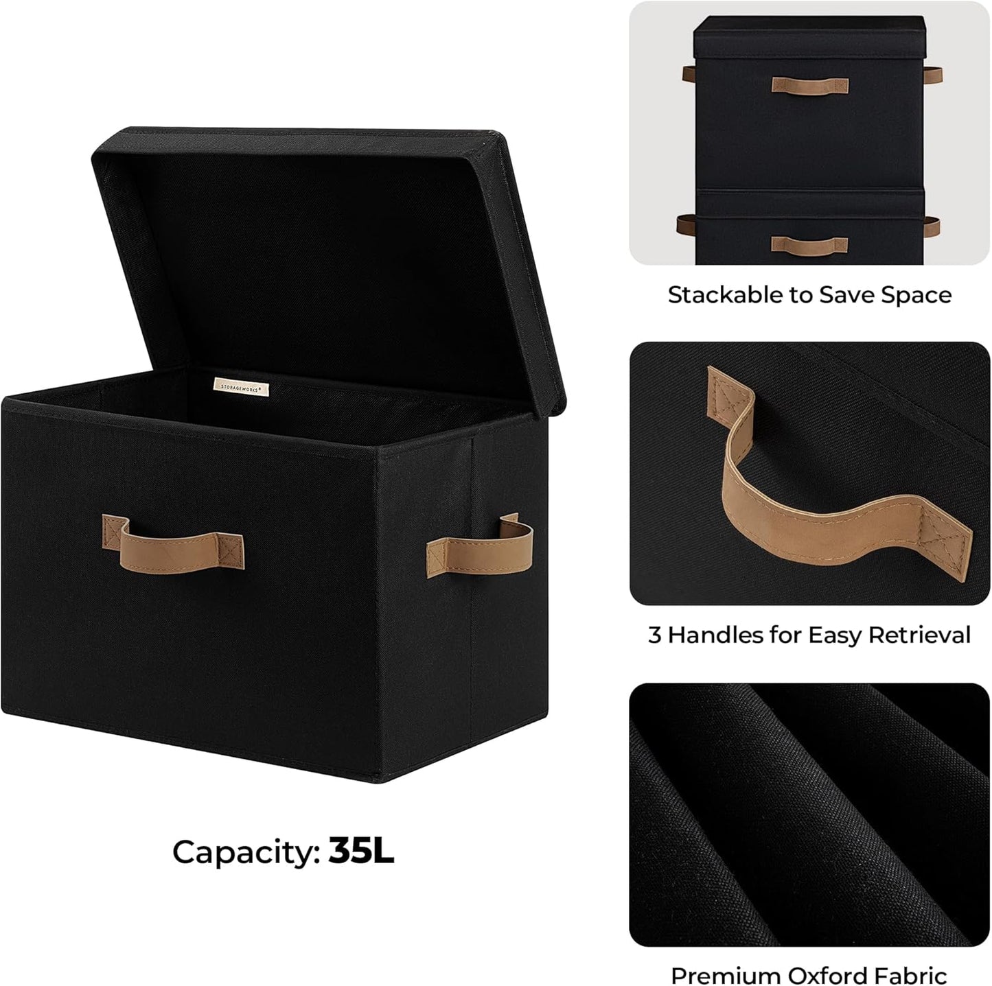 StorageWorks Fabric Storage Bins with Lid, Decorative Storage Boxes for Shelves, Stackable Closet Organizer Basket with Handles, Jumbo, Black, 2-Pack