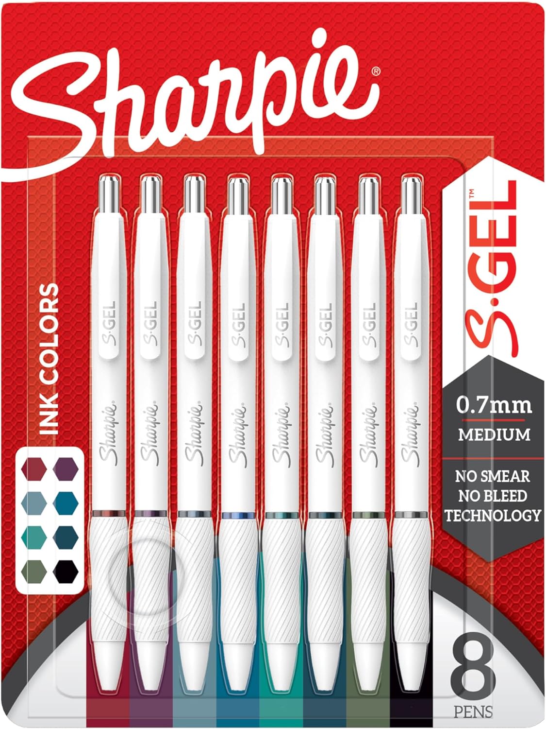 Sharpie S-Gel Pens, Fashion Barrel Gel Pens, Pearl White Body, Medium (0.7mm) Point, Bold Ink Colors, 8 Count