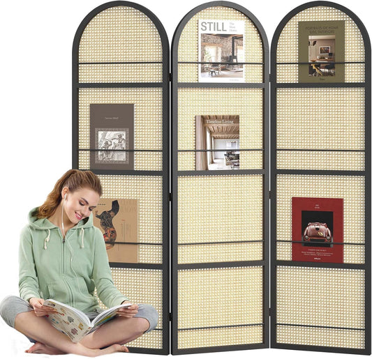 Rattan Room Divider with Built-in Bookshelf | Foldable Privacy Screen & Portable Partition for Home Office, Bedroom, Reading Nook | Wooden Frame, Freestanding Design (Black-Rattan)
