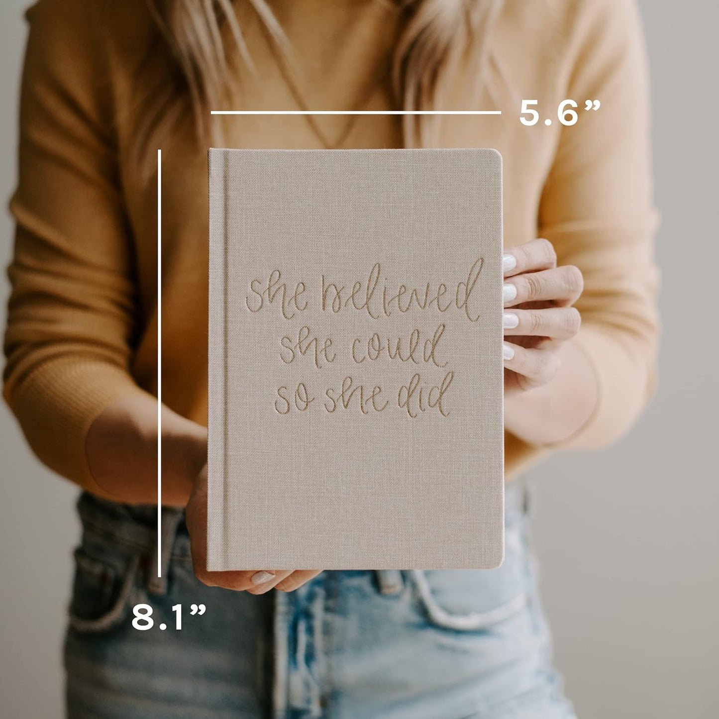 Sweet Water Decor Cute Motivational Lined Composition Notebook for Women, 100 Ruled Pages for Writing, Diary with Fabric Inspirational Cover (Tan She Believed She Could)