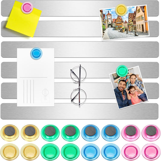 Wukong 8 Pack | 30x3cm(11.81 x 1.18) Magnetic Stainless Silver Boards Strips, Adhesive Backing Bulletin Bar Board, Memo Board with 32Pcs Colorful Magnets for Office, Home, Photo Wall, Documents