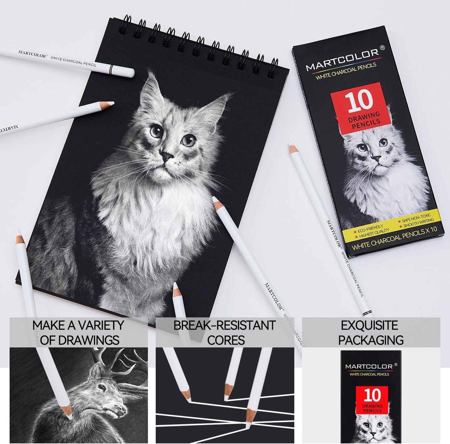 Professional White Charcoal Pencils Set, 10 Pieces Sketch Highlight Charcoal Pencils for Drawing, Sketching, Shading, Blending, White Chalk Pencils for Beginners & Artists