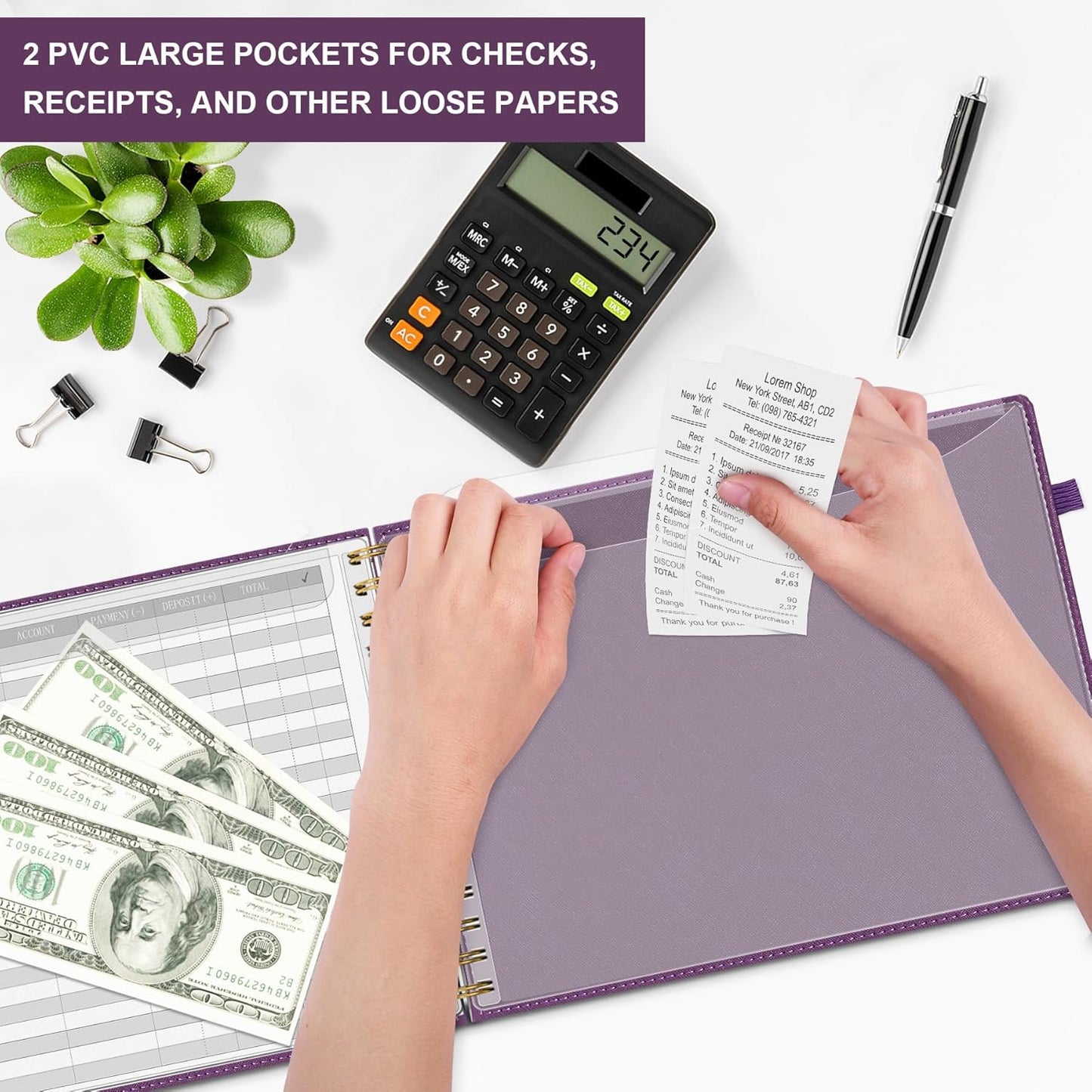 HAUTOCO Hardcover Accounting Ledger Book for Small Business Bookkeeping Horizontal Money Expense Tracker Notebook with 2 Storage Pouch, Personal Columnar Log Journal 10.78 x 8'', Deep Purple