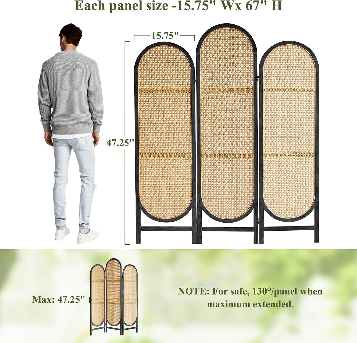 Room Divider Panel, 3 Panel Roomdivider Wall, Wood Room Dividers and Folding Privacy Screens, Rattan Partition Room Dividers, Privacy Dividers for Rooms, Bedroom, Dining Room, Black