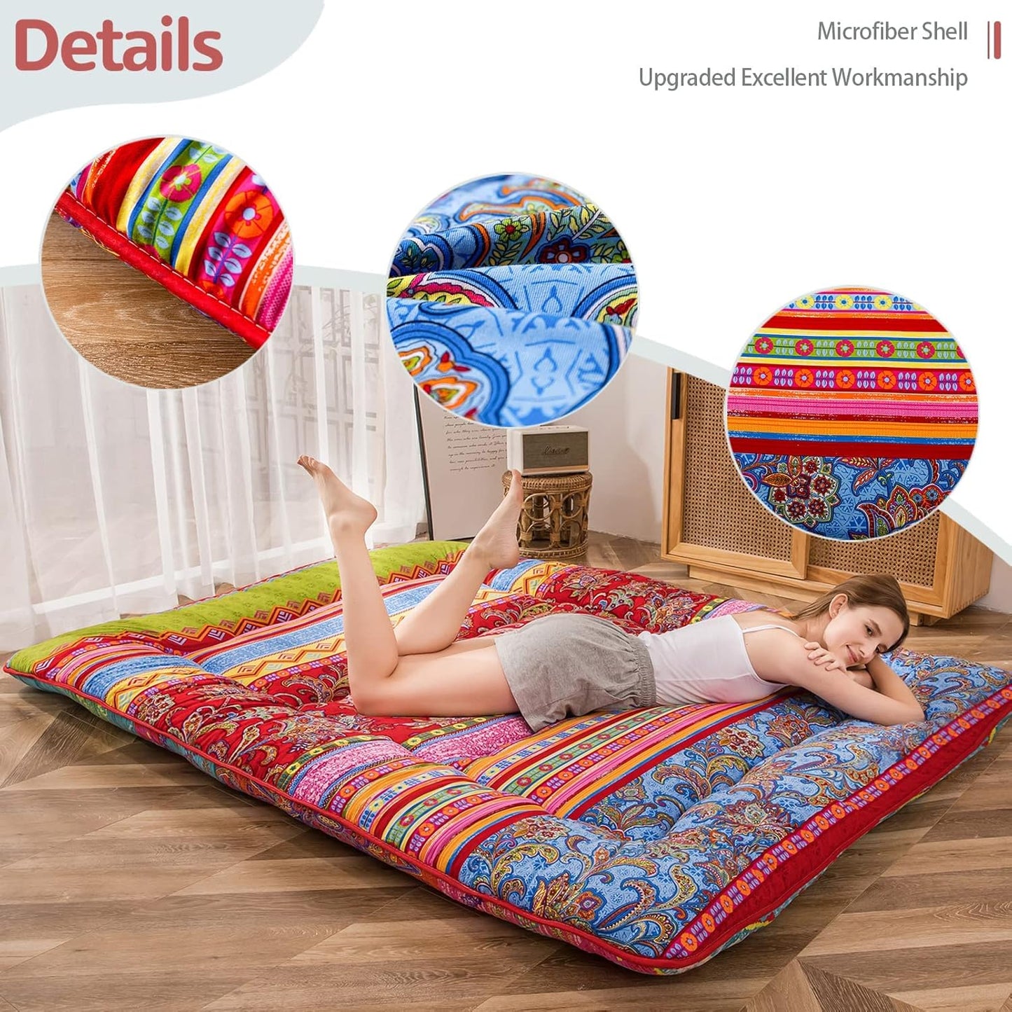 MAXYOYO Bohemian Retro Floor Mattress Vintage Floral Japanese Futon Mattress Roll Up Sleeping Bed King Portable Camping Mattress Floor Lounger Couch Bed Mattress Pad, King