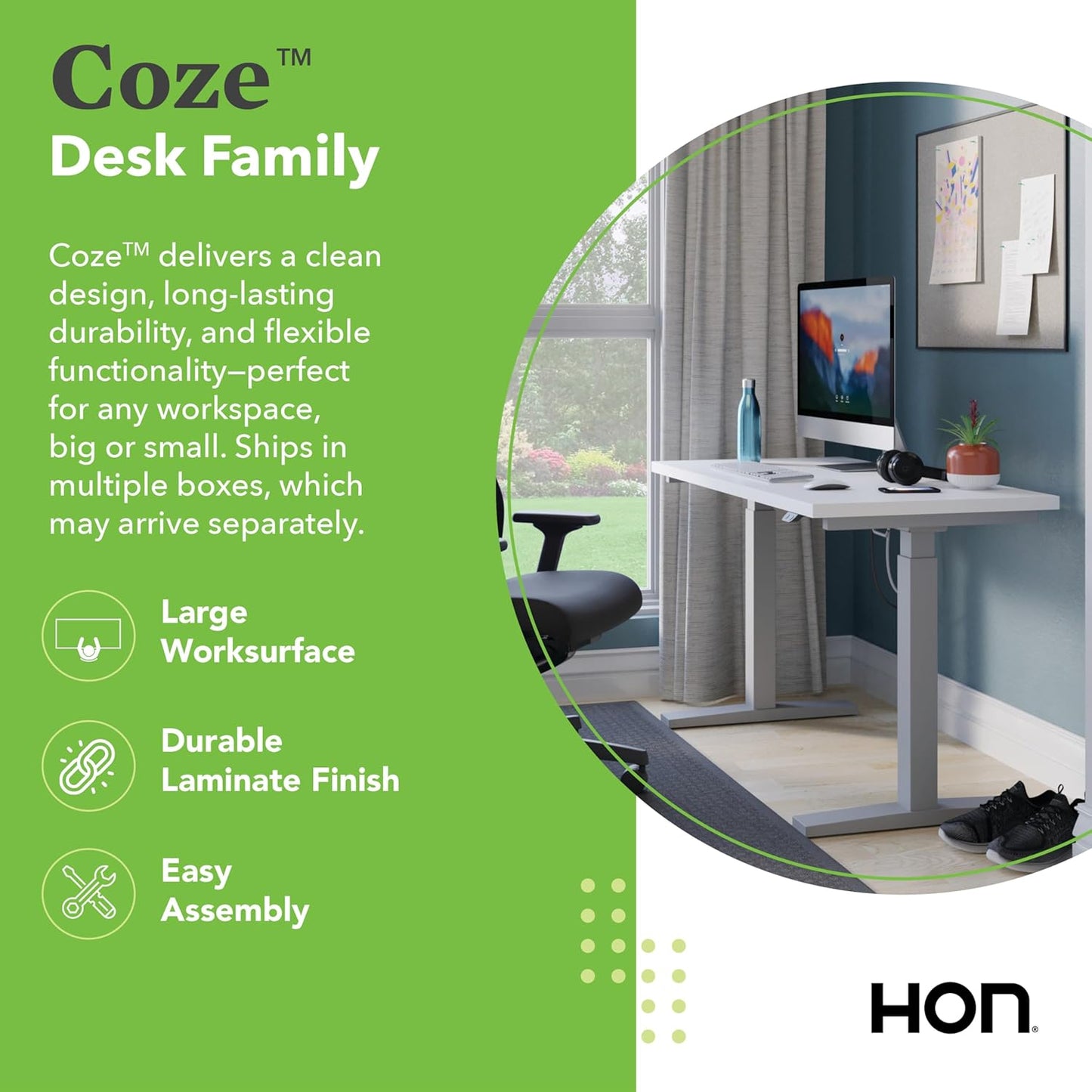 HON Coze Electric Standing Desk Adjustable Height, Coordinate Height Adjustable Desk, 48", White Top, Black Base