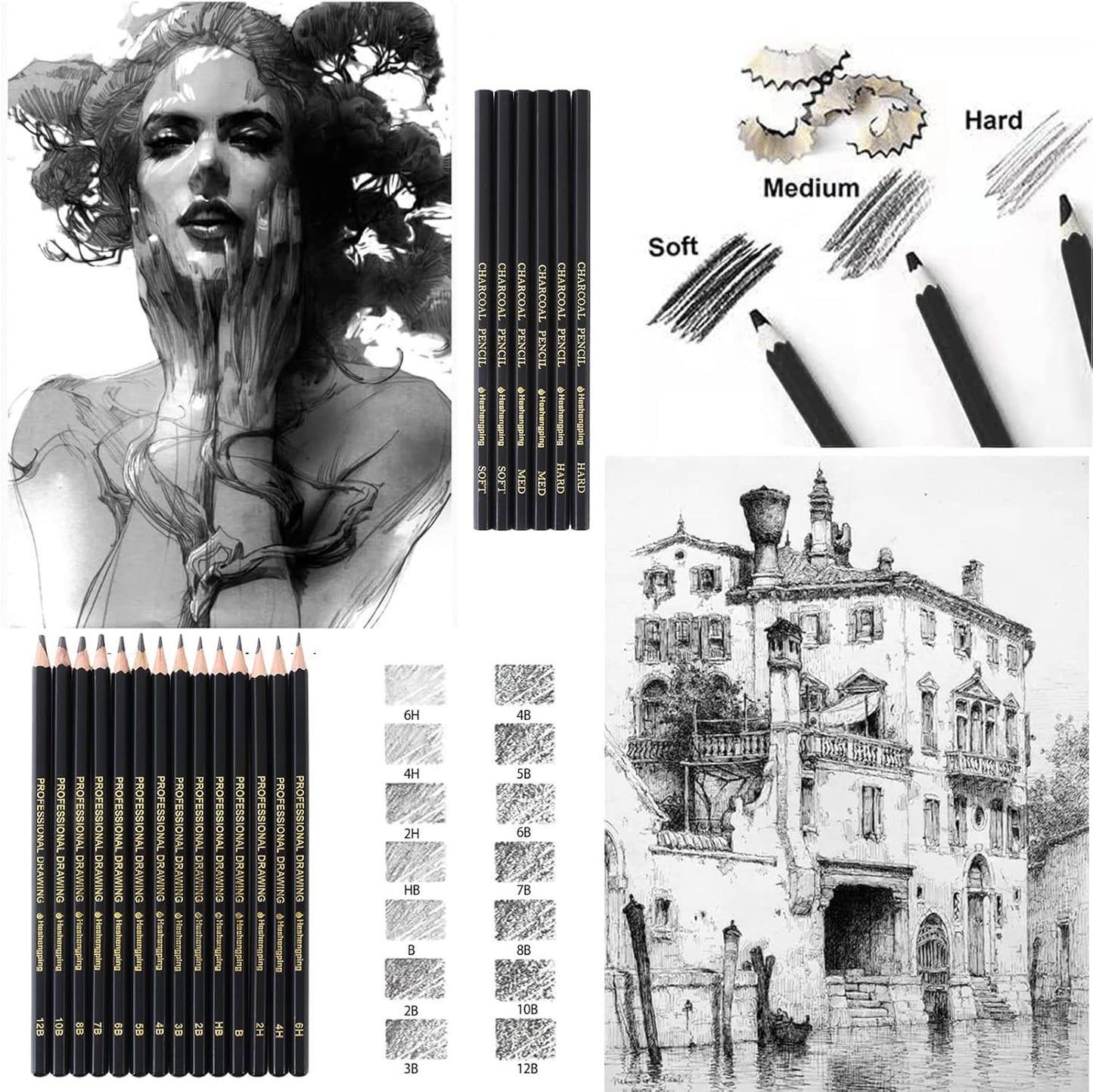 Heshengping Drawing Pencils Sketch Pencil Art Supplies Set for Kids Adults beginners Professional Sketching Art Graphite Charcoal Blending Stump Pencils kit