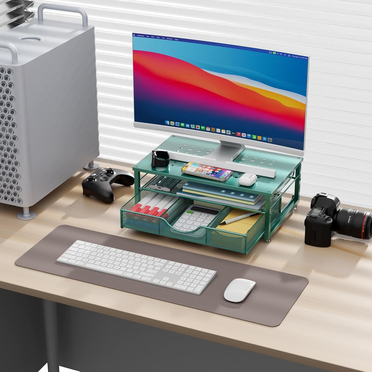 gianotter Computer Monitor Stand Riser, office organizer with Drawer, Office Organizers Storage for Classroom Office Supplies (Dark Green)