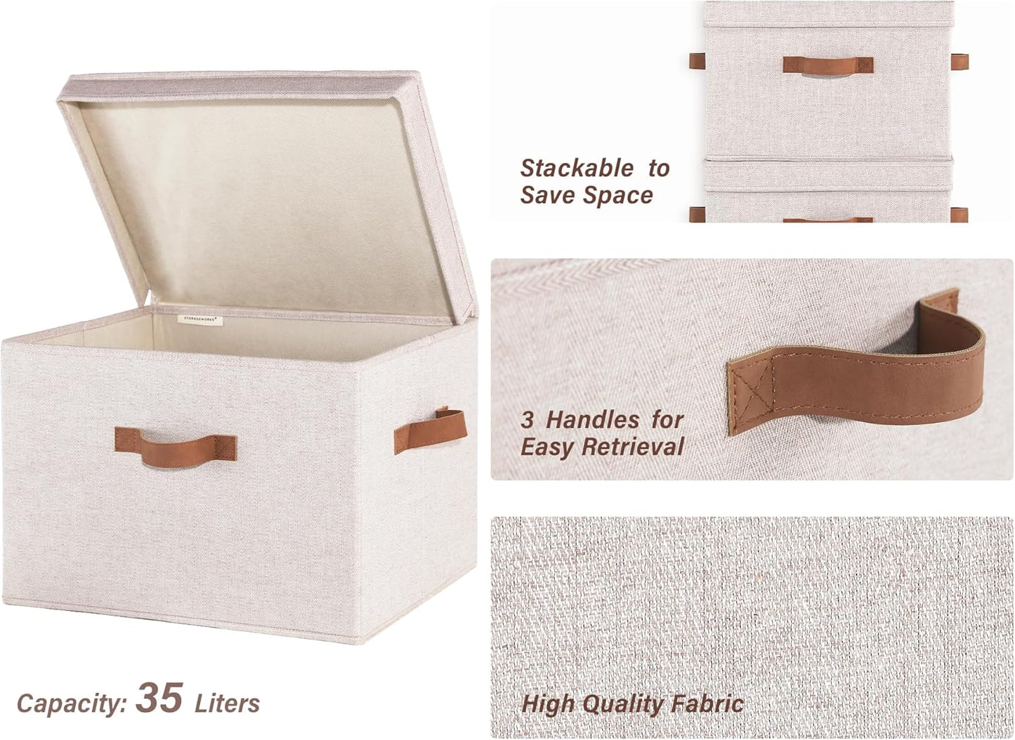 StorageWorks Fabric Storage Bins with Lid, Decorative Storage Boxes for Shelves, Stackable Closet Organizer Basket with Handles, Jumbo, Brown and Beige, 2-Pack