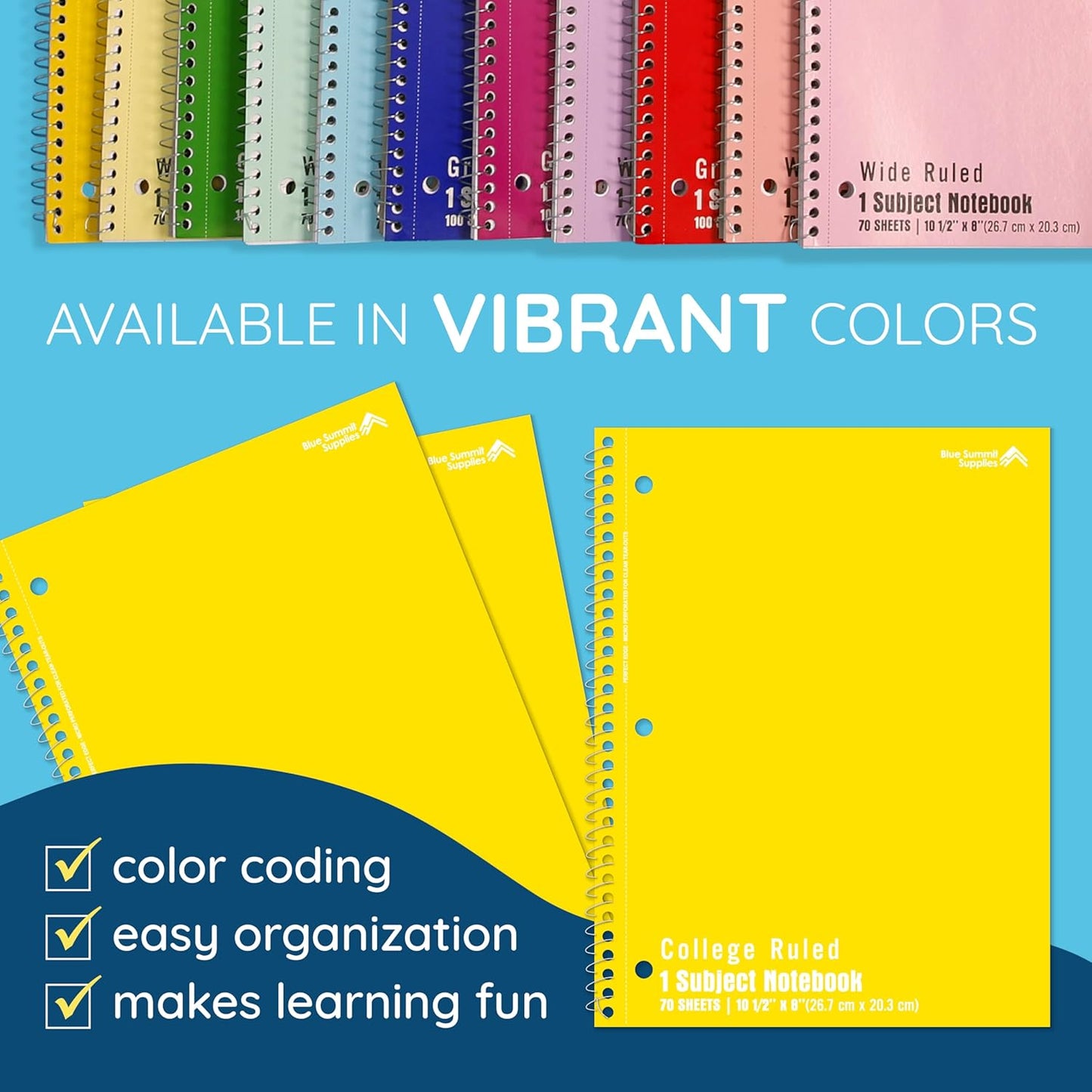 Blue Summit Yellow Spiral Notebooks Bulk, One Subject Spiral Notebook College Ruled, Perforated Notebook, 8 x 10.5 for Work and School, Paper, College Ruled, Bulk 48 Pack