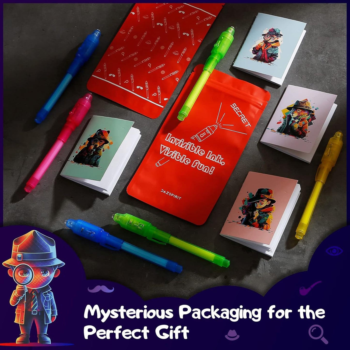 32Pcs Invisible Ink Pen with UV Light, Mini Notepads & Favor Bags, Spy Pens, Top Secret Message Magic Marker, Party Favors for Kids 8-12, Class Prizes, Detective & Escape Room Themes