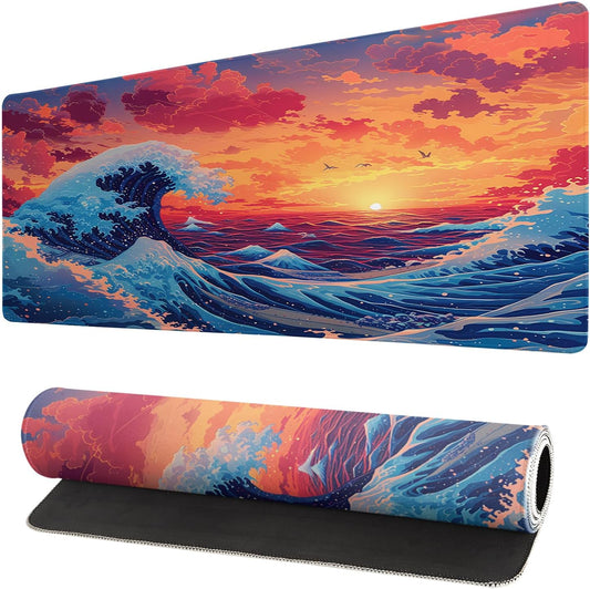 Gaming Mouse Pad Desk Pad,Extended Big Mouse Pad,31.5x11.8 Inch Long Computer Keyboard Mouse Mat Mousepad with 3mm Non-Slip Base and Stitched Edge for Gaming and Office… (Sunset Wave)