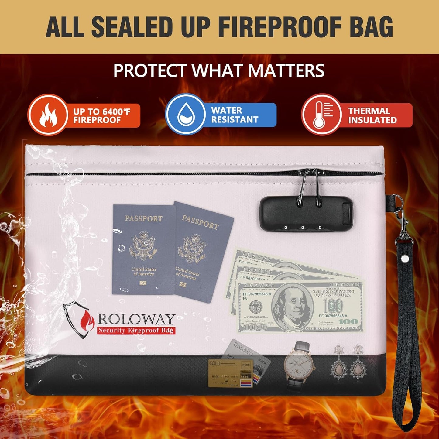 ROLOWAY Fireproof Money Bag with Lock for Cash, 6400°F Fire Proof Document Bag (12.2 x 8.5 x1.6 inches), Money Pouch with Zipper (Gray)