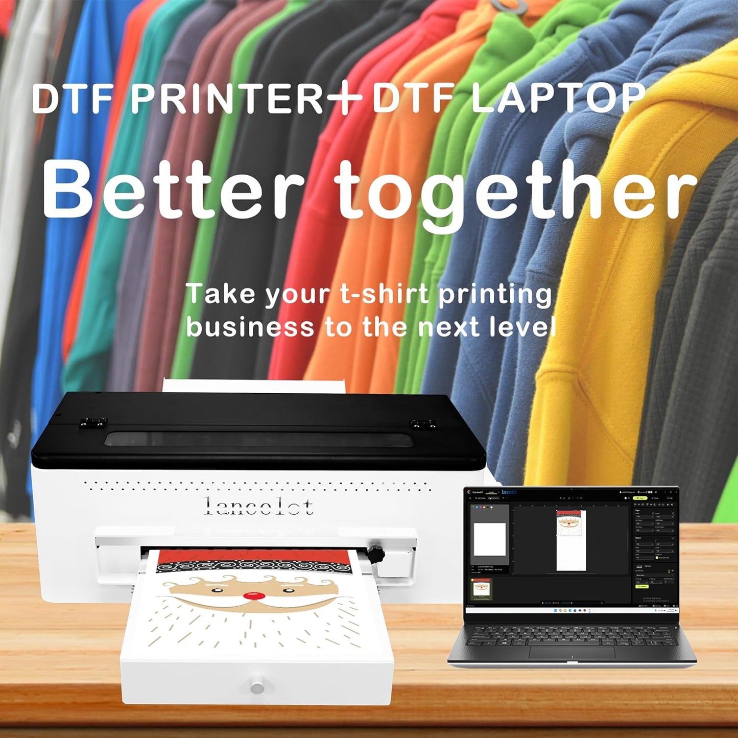 Lancelot A3 l1800 DTF Transfer Printing Machine with Roll Feeder, White Ink Circulation and Easy Operation,DTF Printer Bundle for Dark and Light Clothing (Printer+Oven+Laptop+consumable)