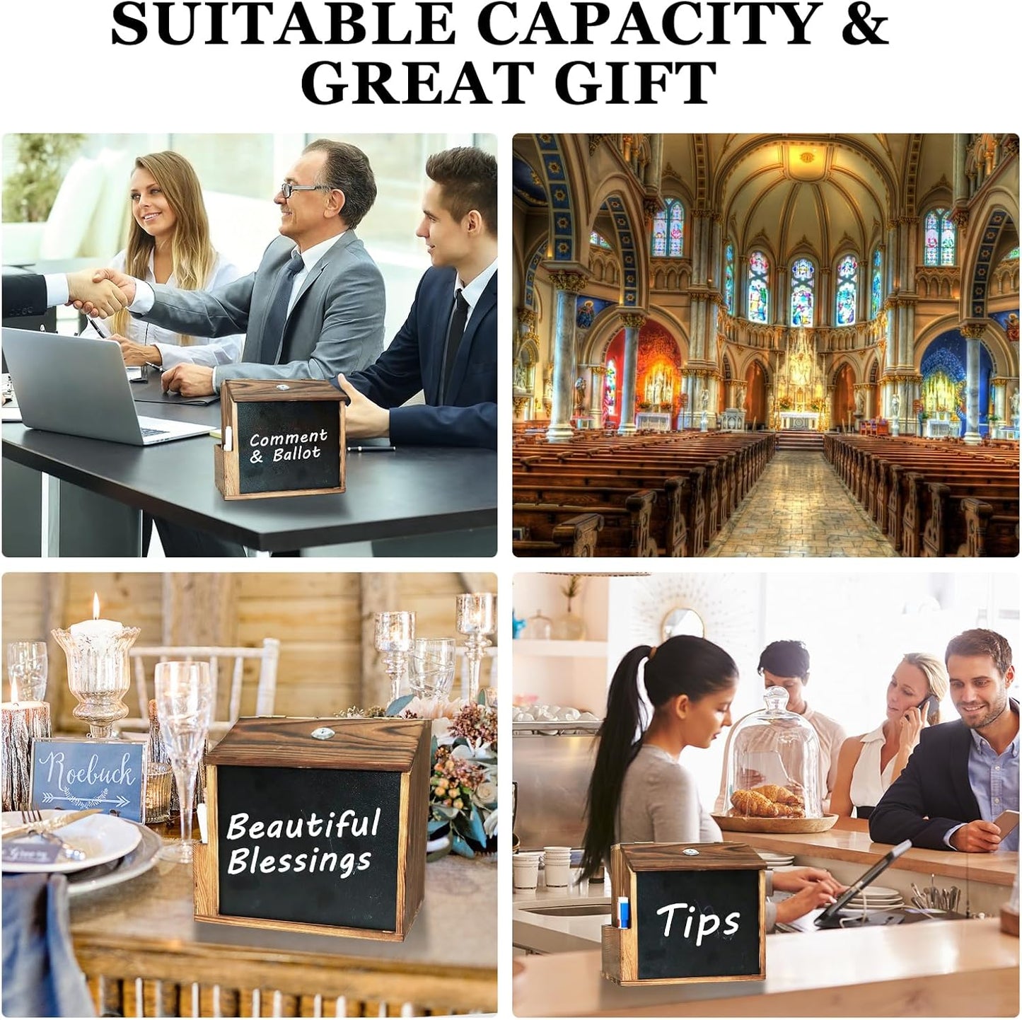 Wood Suggestion Box with Slot and Lock,Wooden Tip Money Drop Donation Boxes For Saving Fundraising,Prayer Ballot Comment Box Countertop Wall Mounted with Chalkboard and Keys for Church,Wedding