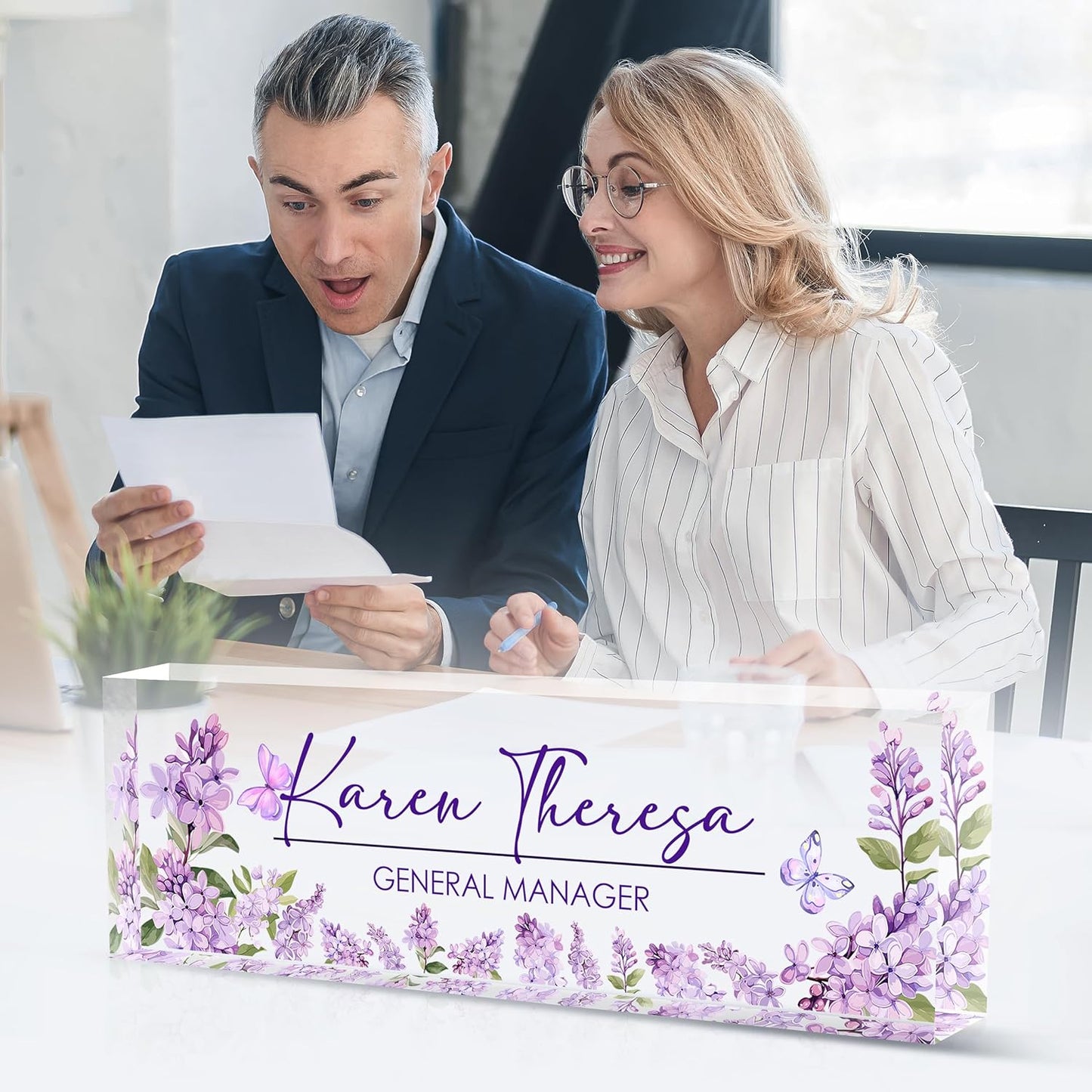 Custom Office Name Plate for Desk, Desk Name Plate Personalized, Personalized Gifts for Women, Appreciation Gifts for Employee Coworkers Boss Teacher, Office Accessories (Purple lilac flower)