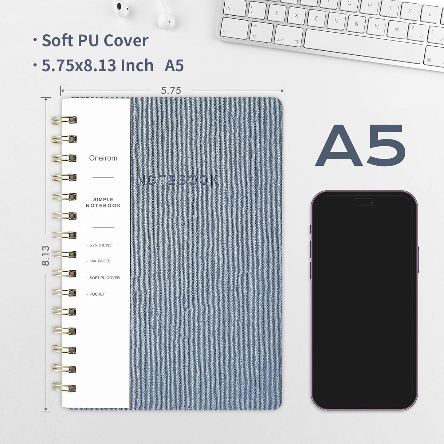 Spiral Notebook - Lined 160 Pages Journal with Back Pockets for College Journal, Twin-Wire Binding Notebook Perfect for Office & Home School Supplies Violet Reef Blue Grey