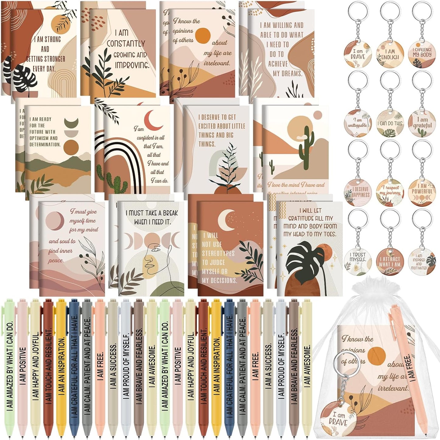 72 Pcs/24 Set Positive Affirmation Gift Set Gratitude Notebooks with Affirmation Pens Acrylic Keychains Small Bags Motivational Notepads for Women Coworkers Adults Party Favors(Boho)